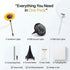 Packaged solar lights with sunflower lights, RGB ground and stick lights, connecting rods, ground stakes, user manual, and packaging box on a white background.