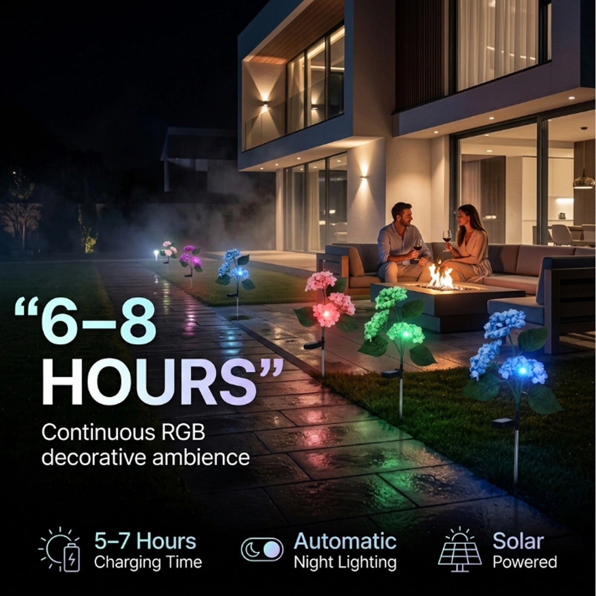 Modern outdoor setting with decorative RGB lights and text about lighting features.