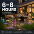 Outdoor setting with people dining, illuminated by colorful lights on the ground, with text about sunlight-powered lighting.
