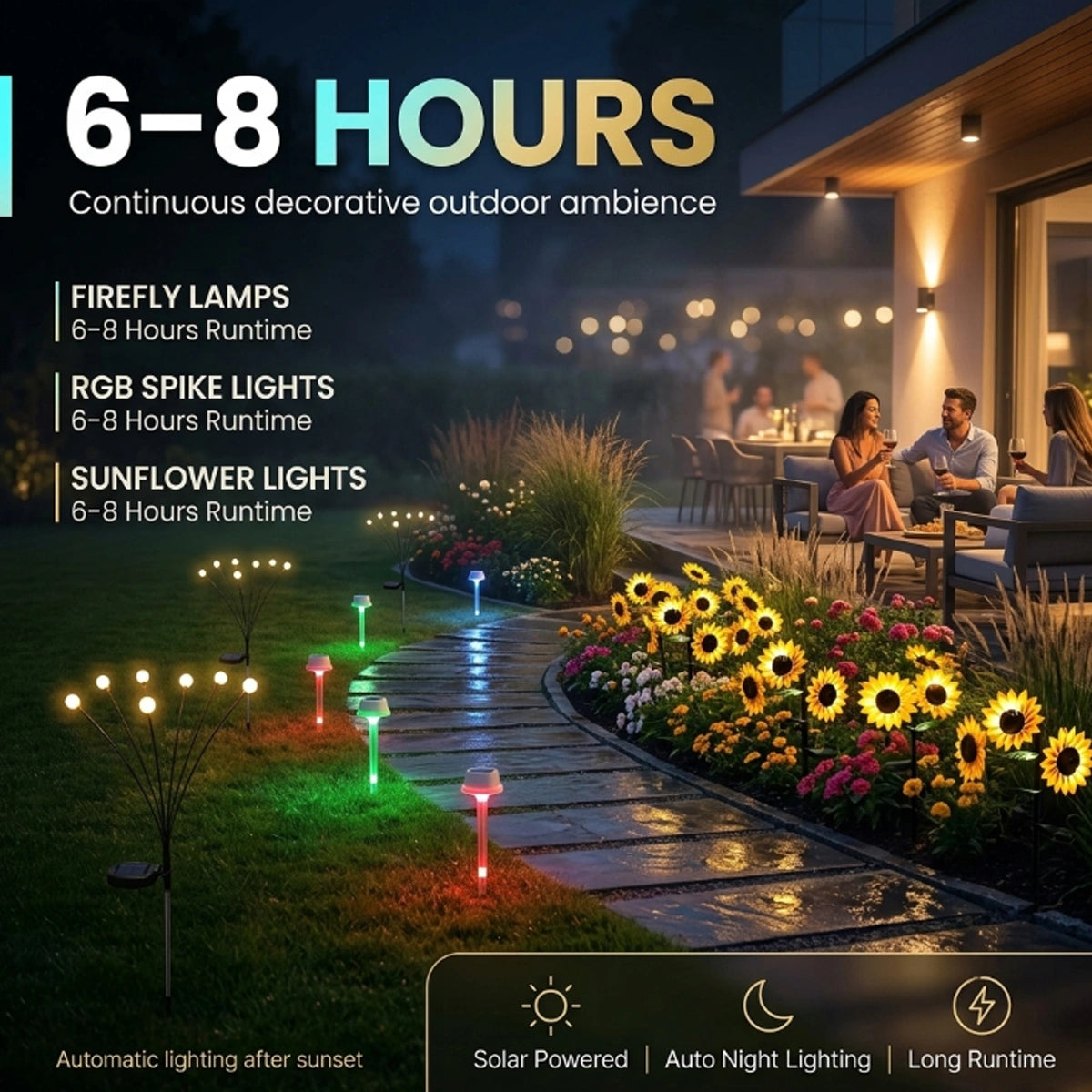 Outdoor setting with decorative lights and people enjoying a meal, highlighting 6-8 hours runtime for firefly lamps and RGB spike lights.