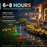 Outdoor setting with decorative lights and people enjoying a meal, highlighting 6-8 hours runtime for firefly lamps and RGB spike lights.