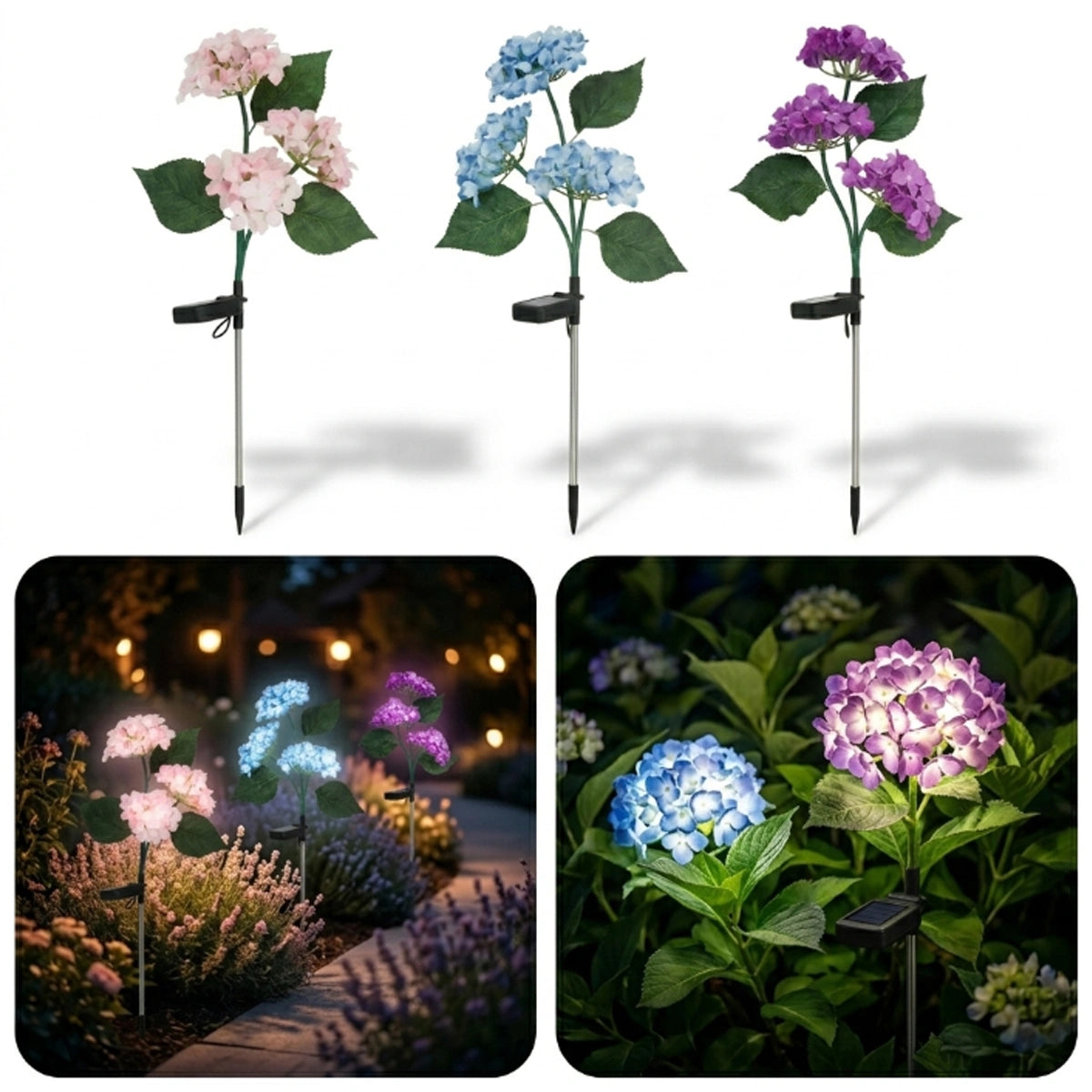 Set of solar-powered flower lights in pink, blue, and purple with close-up shots in a garden setting.