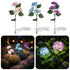 Set of solar-powered flower lights in pink, blue, and purple with close-up shots in a garden setting.