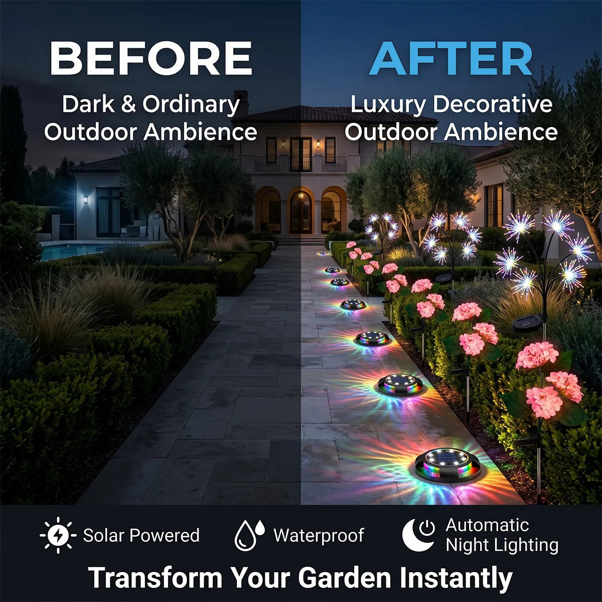 Before and after comparison of a garden pathway with decorative lights, highlighting transformation from dark to luxurious outdoor ambiance.