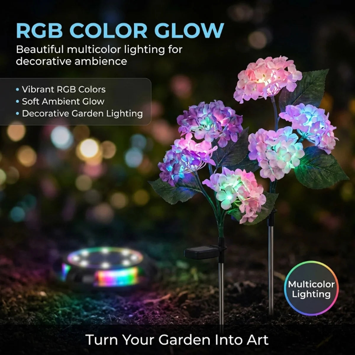 Decorative garden light with RGB color glow on a dark background
