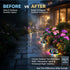 Before and after comparison of outdoor space with RGB decorative lighting.