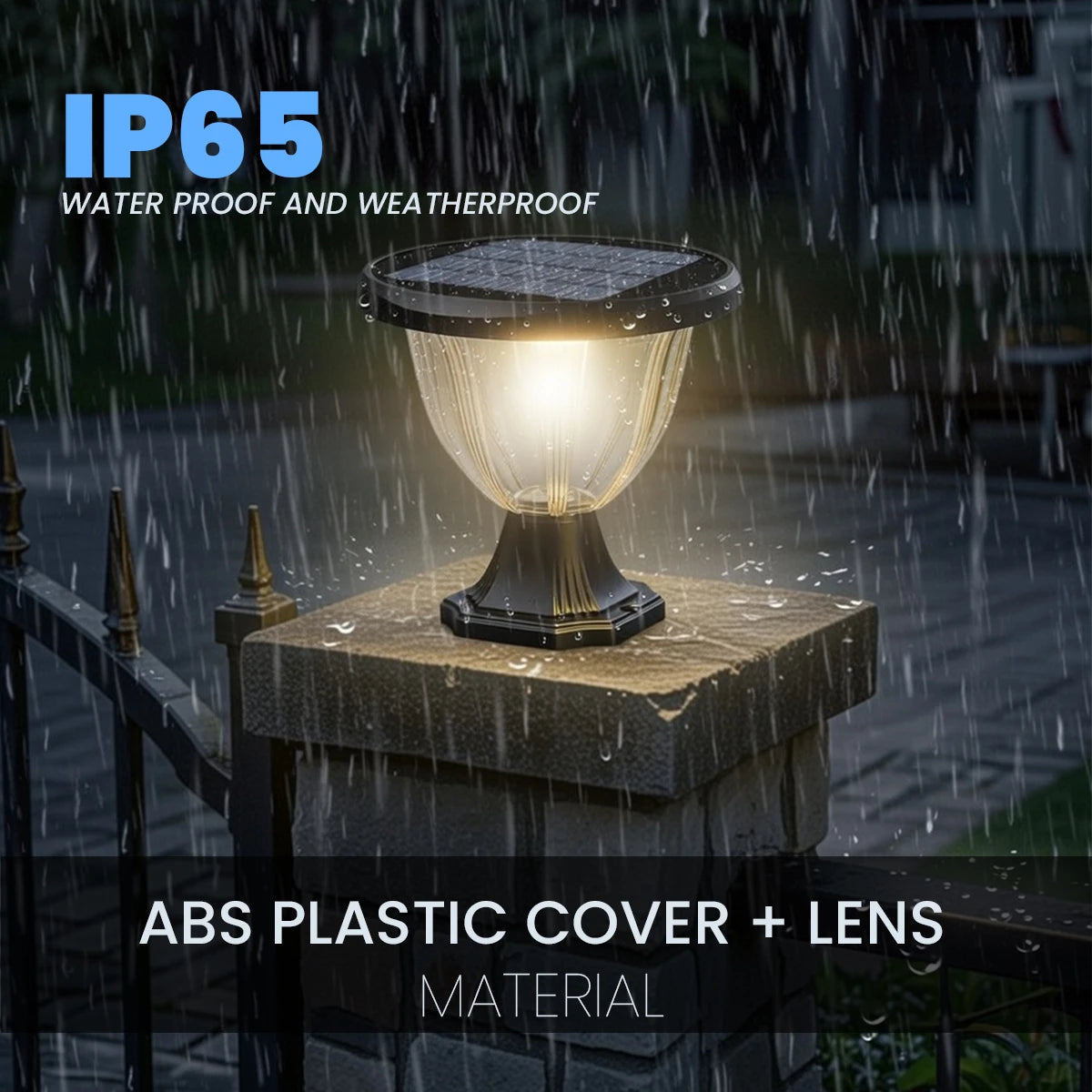 Solar lamp on a stone base in the rain with IP65 waterproofing text.