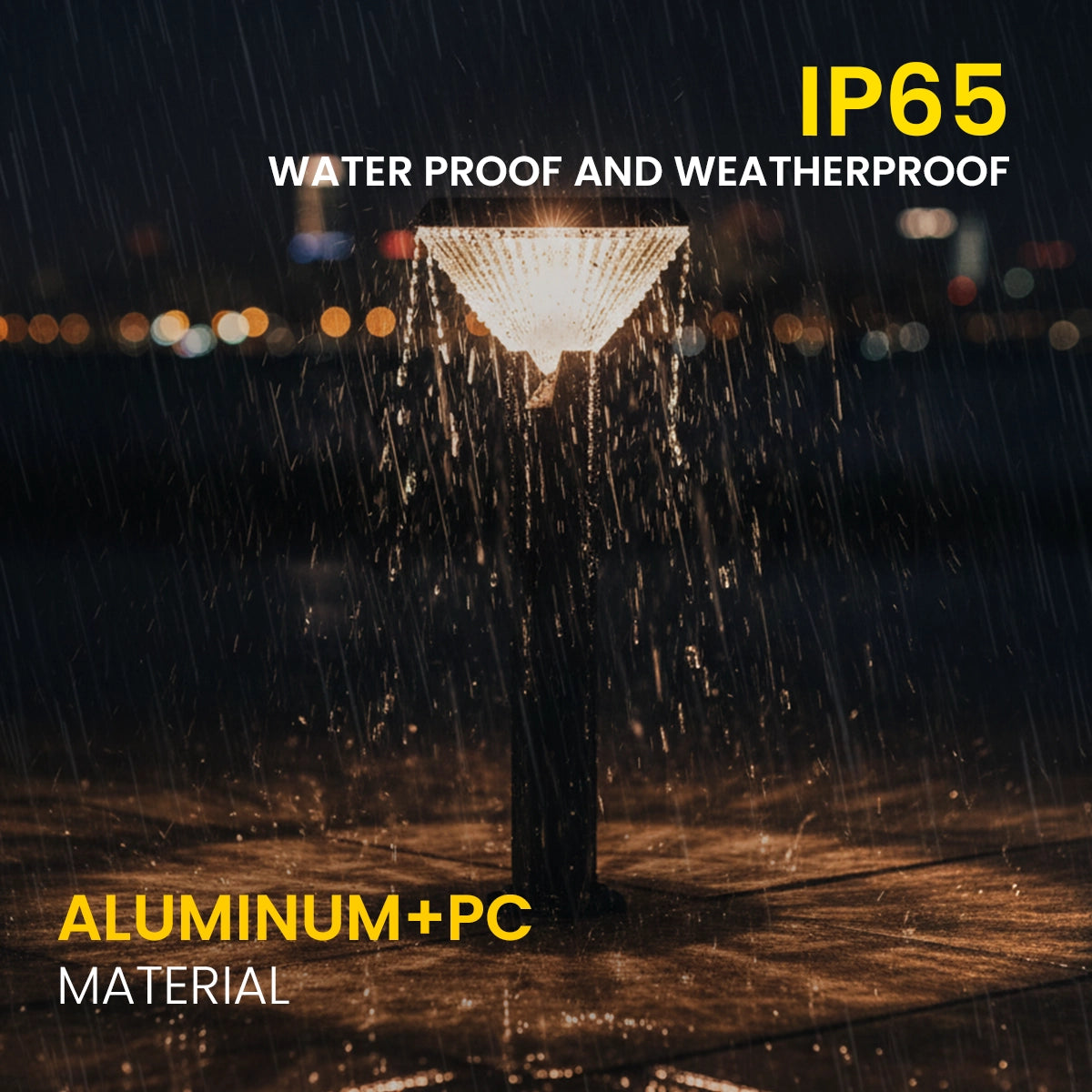 Street light in rain with text highlighting waterproof and weatherproof features