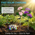 Solar-powered garden light with flowers in a garden setting, highlighting fast charging and night activation features.