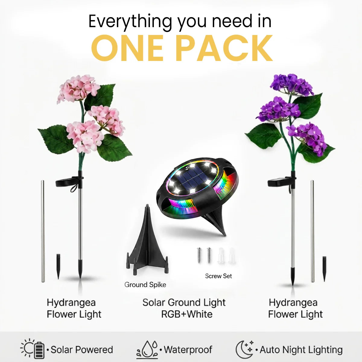 Solar-powered flower light set with hydrangea flowers and ground spike on a white background.