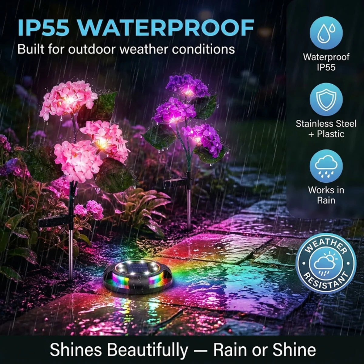 Solar-powered flower lights with waterproof IP55 rating in outdoor setting