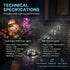 Hydrangea RGB solar lights with technical specifications on a dark outdoor setting.