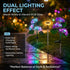 Garden lights with dual lighting effect on a pathway, featuring RGB color-changing hydrangeas and warm white sunflower glow.