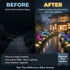 Before and after comparison of a dark outdoor space illuminated with solar lighting.
