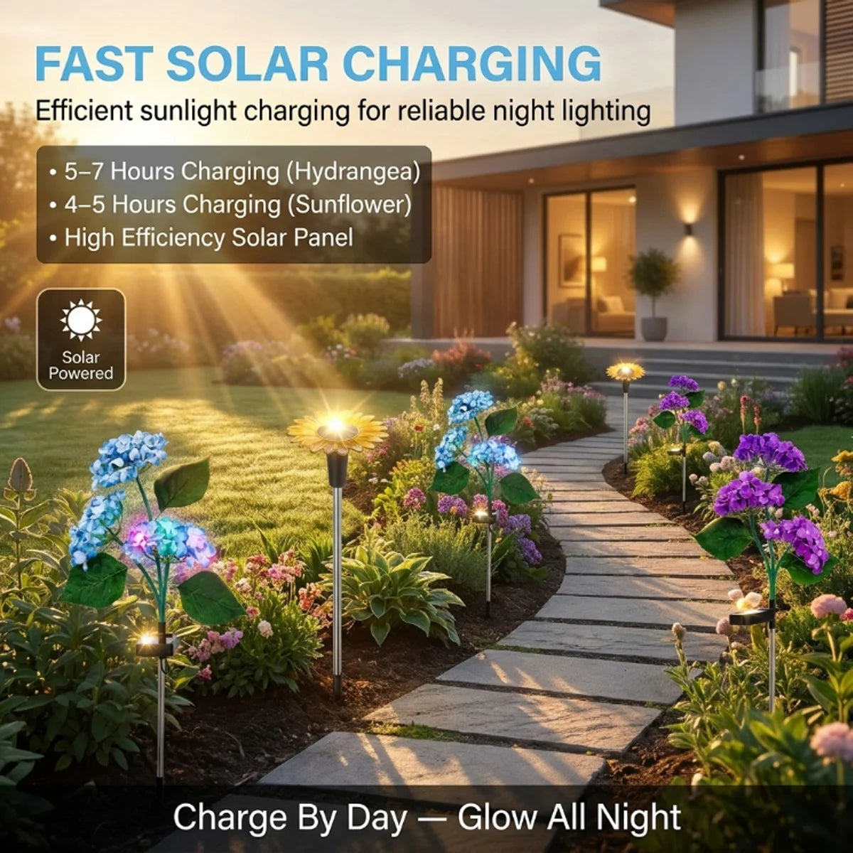 Garden pathway with solar-powered lights and text about fast solar charging.