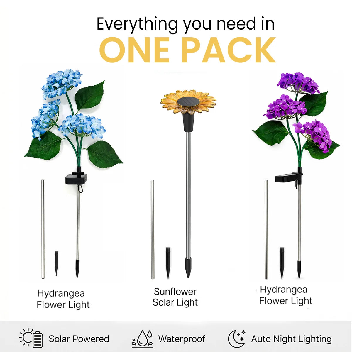 Three solar-powered flower lights with flowers on a white background, labeled 'Hydrangea Flower Light', 'Sunflower Solar Light', and 'Hydrangea Flower Light'.