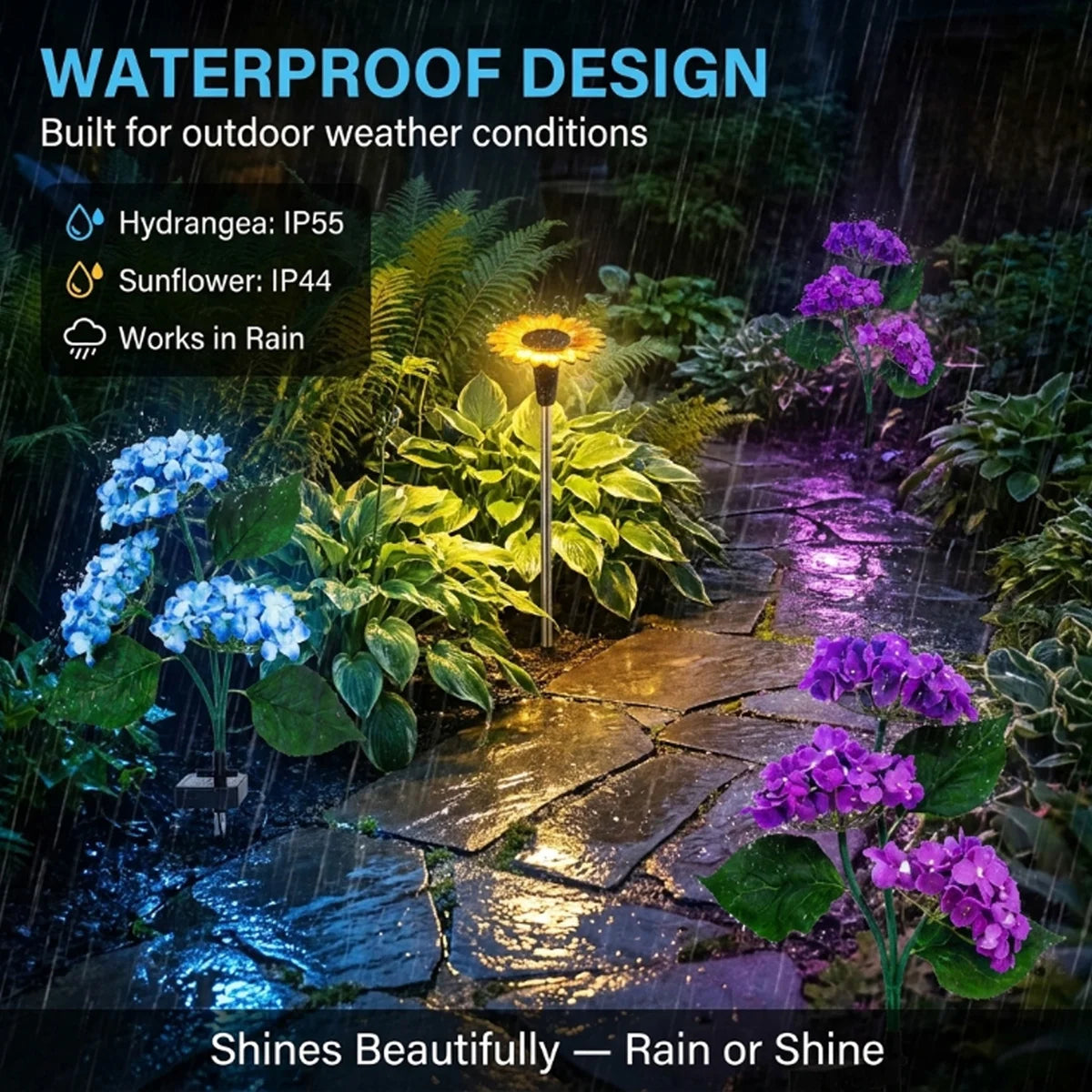 Garden pathway with a waterproof outdoor light surrounded by flowers and rain.