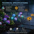 Solar-powered garden lights with technical specifications displayed.