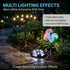 Garden lighting setup with warm white and dynamic RGB glow effects in a garden setting.