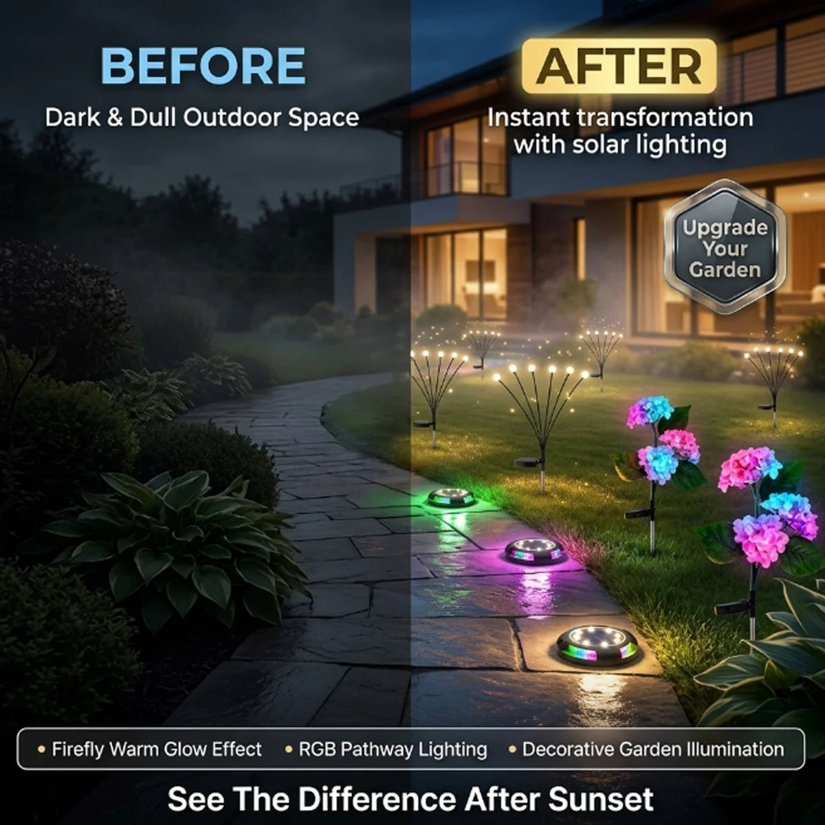 Before and after comparison of a dark outdoor space with solar lighting upgrades.