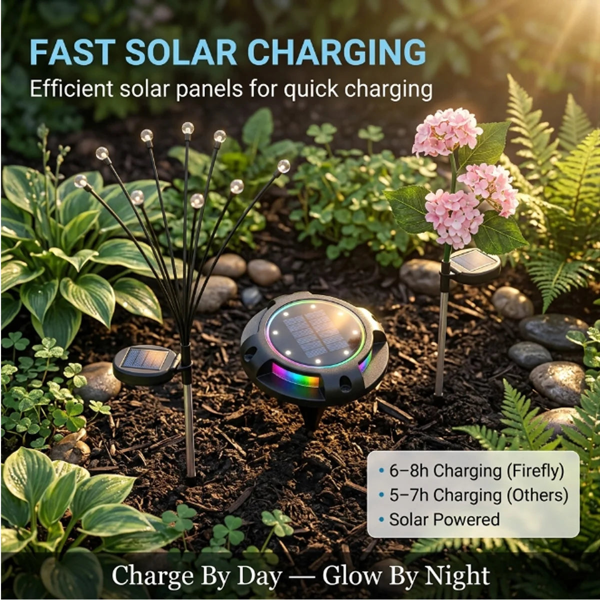 Solar-powered garden lights with text about fast charging in a garden setting