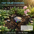 Solar-powered garden lights with text about fast charging in a garden setting