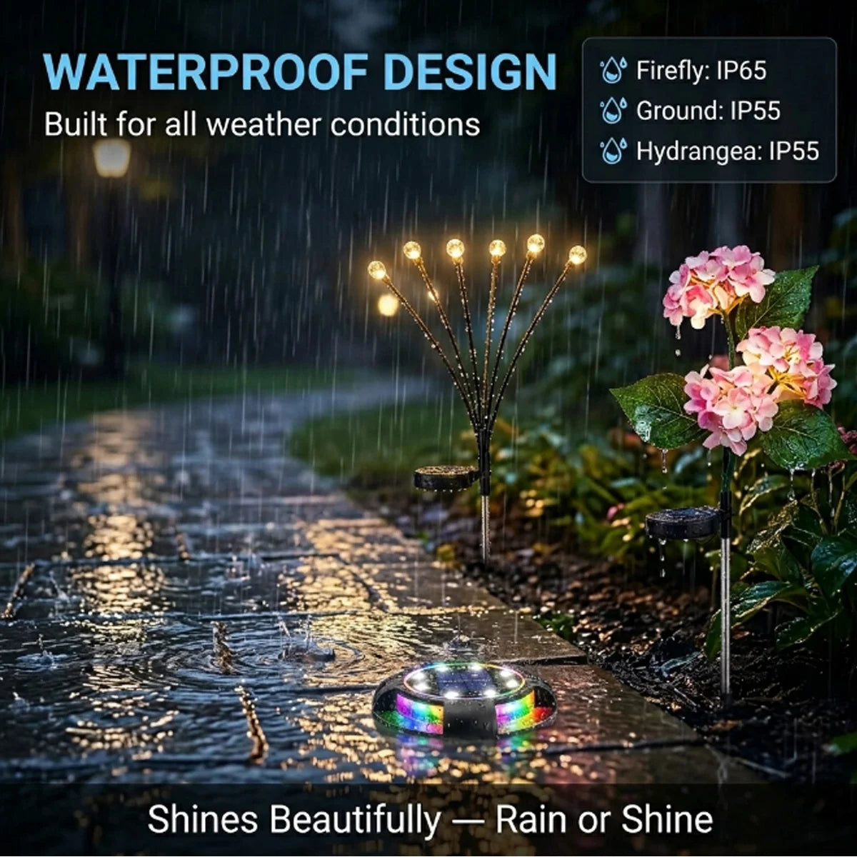 Solar-powered garden lights with waterproof design in a rainy outdoor setting.