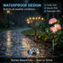 Solar-powered garden lights with waterproof design in a rainy outdoor setting.