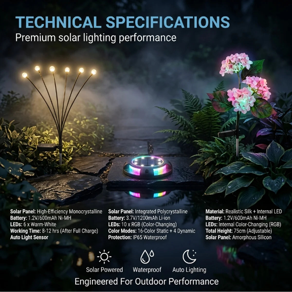 Glowing outdoor lights with technical specifications displayed