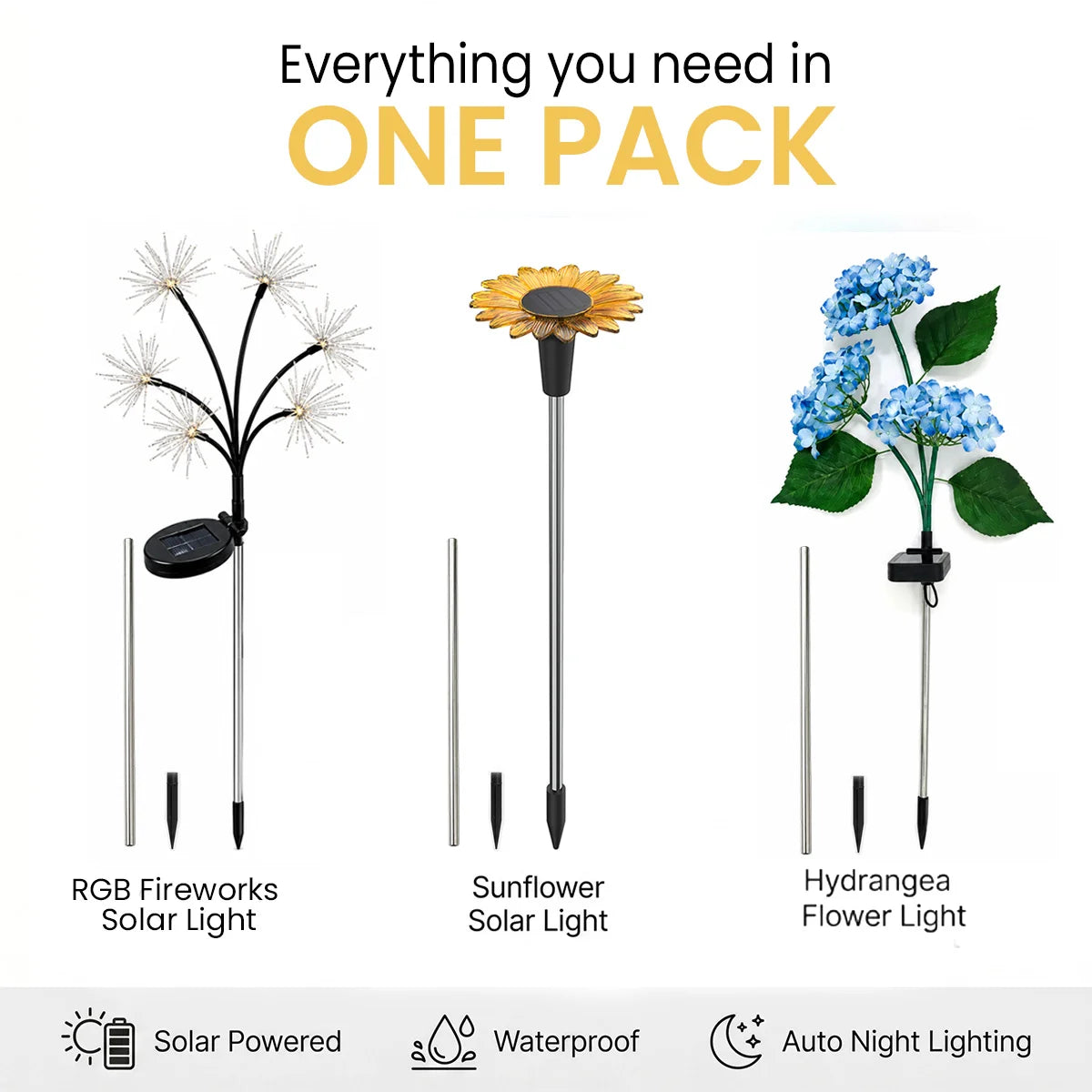 Three solar lights with different designs on a white background, labeled 'RGB Fireworks Solar Light', 'Sunflower Solar Light', and 'Hydrangea Flower Light'.
