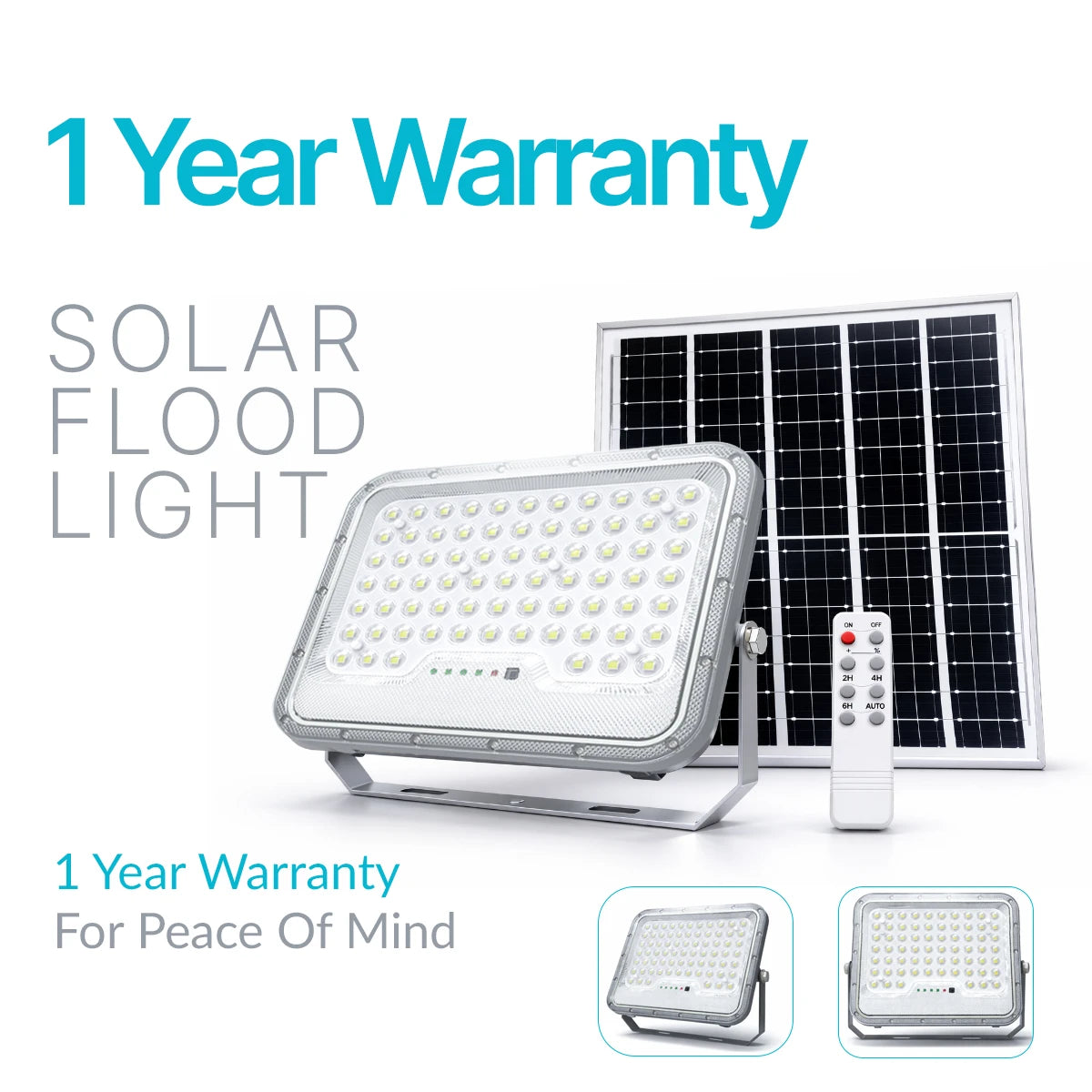Solar flood light with solar panel and remote control on a white background, featuring a 1-year warranty.