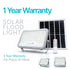 Solar flood light with solar panel and remote control on a white background, featuring a 1-year warranty.