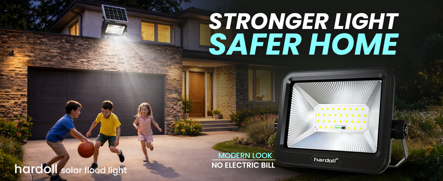 Solar flood light in front of a house with children playing, highlighting 'Stronger Light, Safer Home' and 'Modern Look, No Electric Bill'.