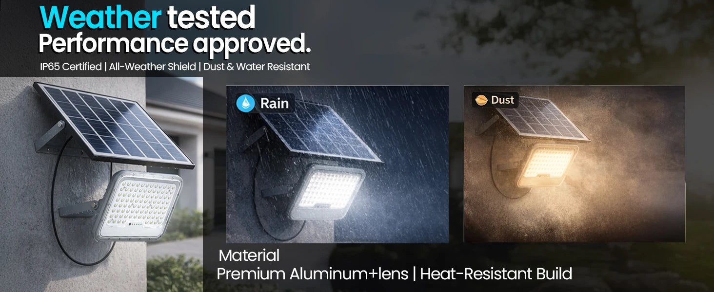 Solar light with weather resistance features and performance approval text.
