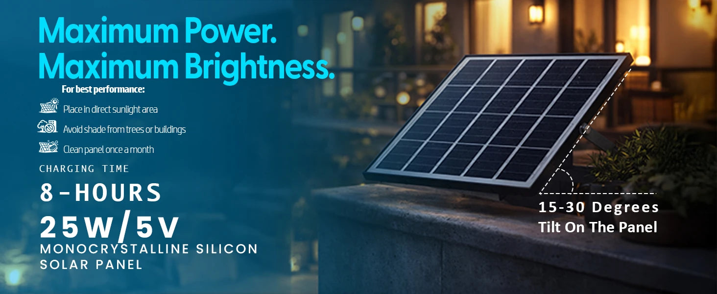 Solar panel with specifications on a blurred outdoor background