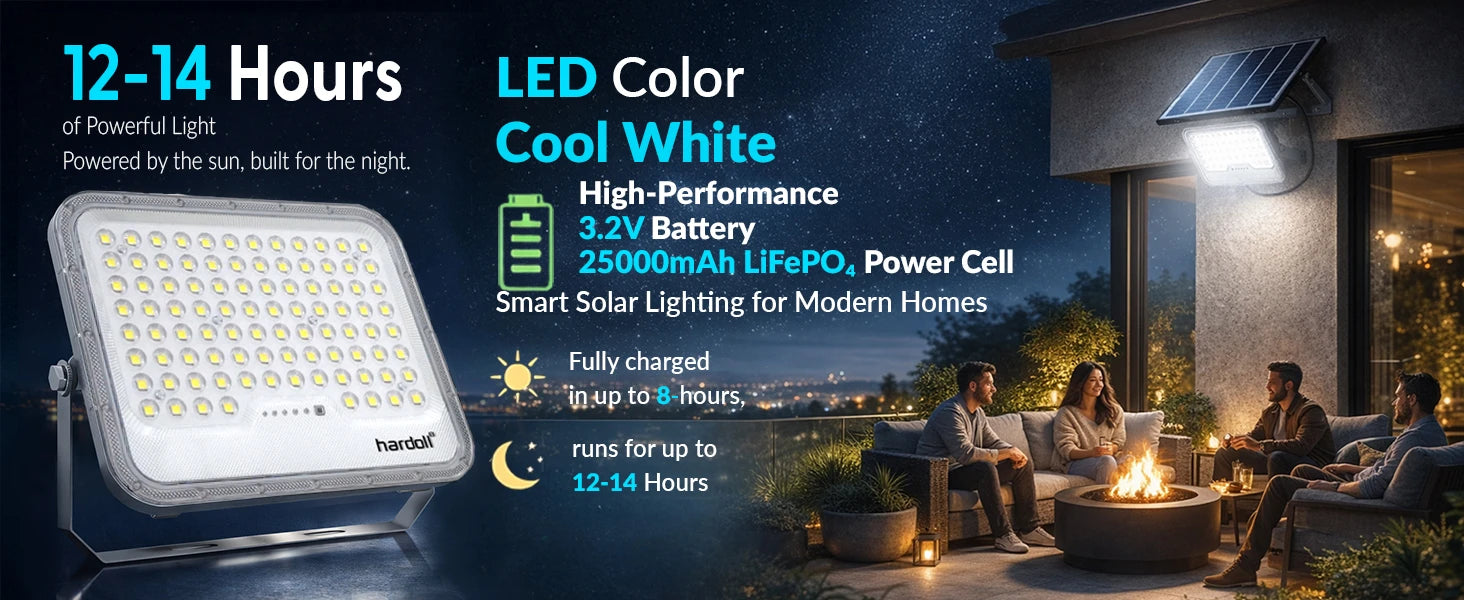 Solar light fixture with LED color information and usage details, shown outdoors with people sitting around a fire pit.