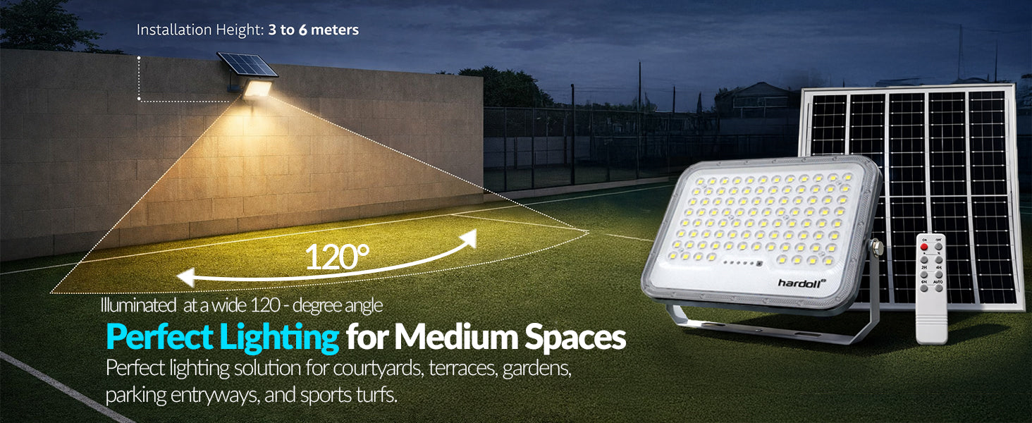 Solar flood light with installation height and lighting angle information on a dark background.