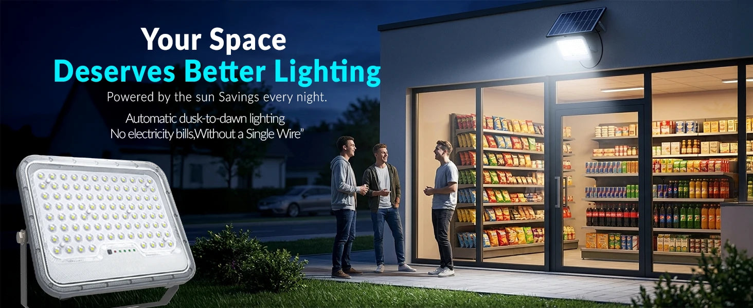 Advertisement for better lighting solution with a store exterior and people discussing.