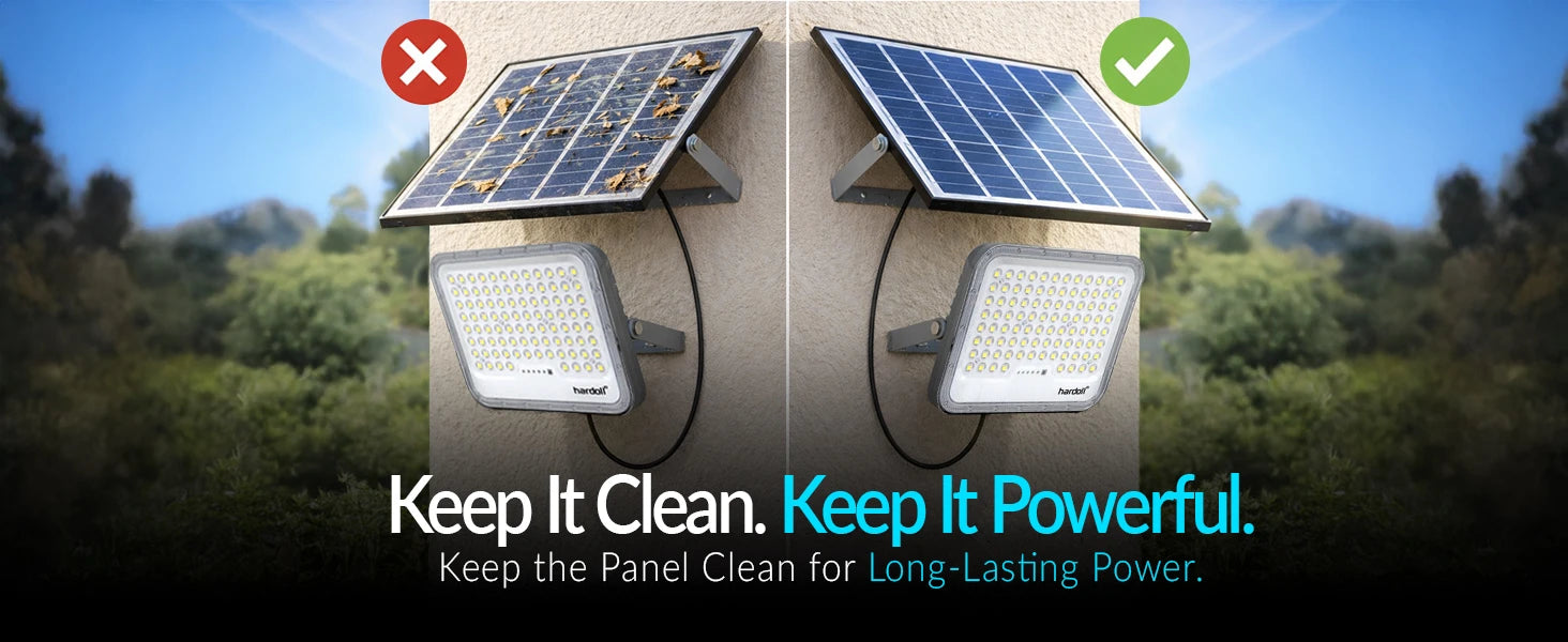 Solar panel cleaning demonstration with text 'Keep It Clean. Keep It Powerful.'