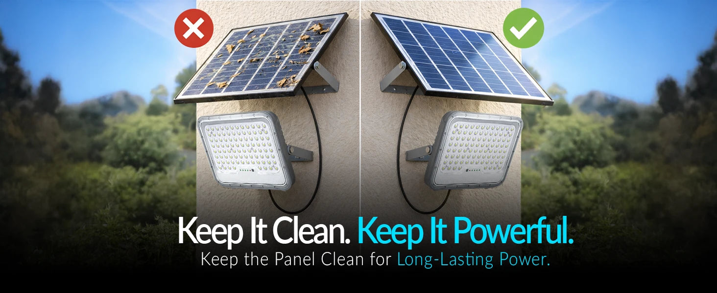 Two solar panels on a wall with text 'Keep It Clean. Keep It Powerful.' and outdoor background.