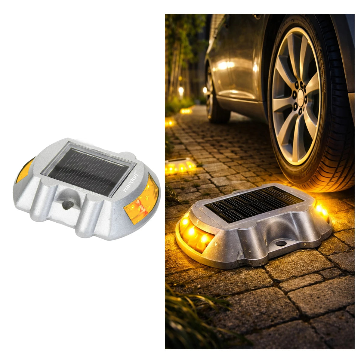 Solar-powered LED lights on a white background with an outdoor setting showing car lights.