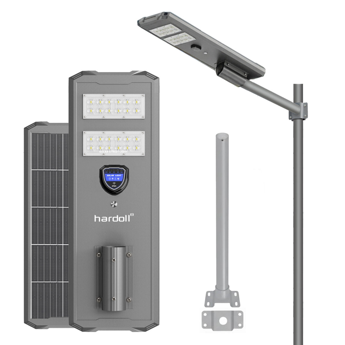 Solar street light system with controller and pole on a white background
