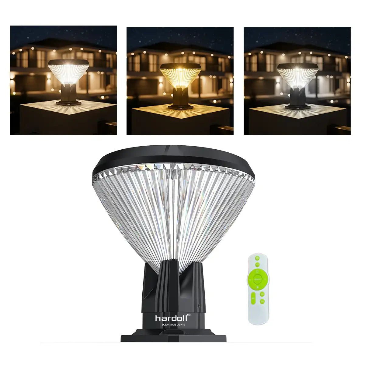 Hardoll Solar Gate and Garden Lights for Home – 8800mAh Battery, 64 LEDs, IP65 Waterproof, 3 Color Modes, Remote Controlled Round Pillar Lamps