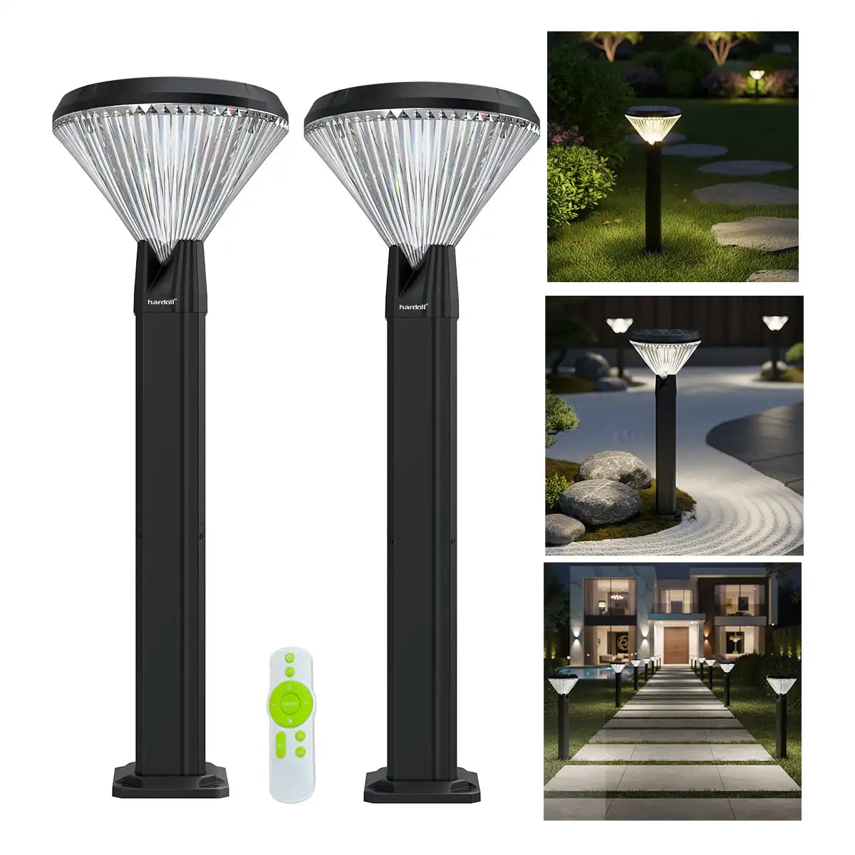 Hardoll Solar Gate & Garden Outdoor Lights for Home 8800mAh Battery, IP65 Waterproof, 64 LEDs, 3 Color Modes (Warm/Cool/Neutral), Remote Controlled, Round Shaped Pillar Lamps With Poles