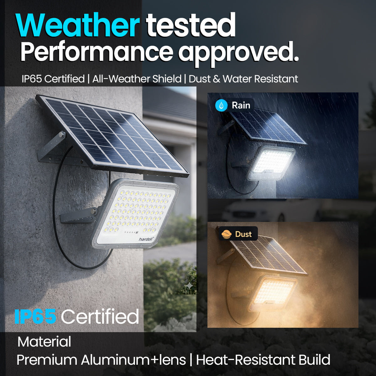 Solar light with weather resistance features on a dark background