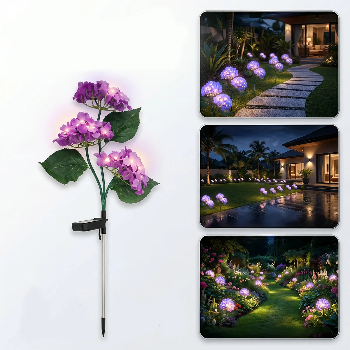 Hardoll Solar Decorative Light Hydrangea Flower Shaped RGB Color LED Waterproof Outdoor Home Garden Yard(Lavender Color)
