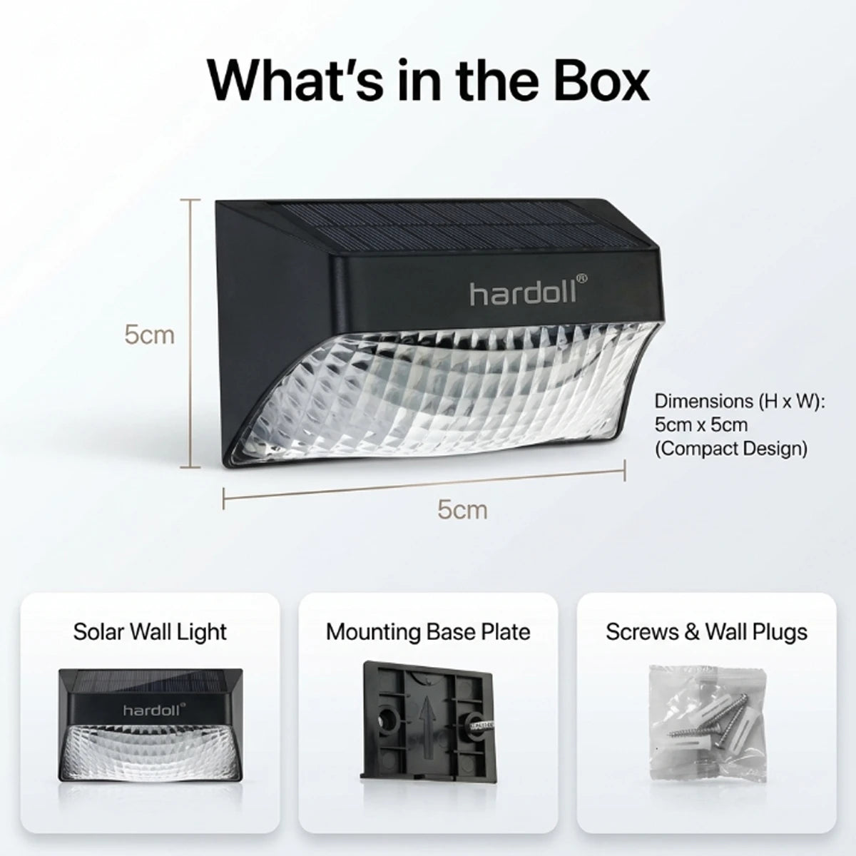 Solar wall light with mounting base plate, screws, and wall plugs on a white background