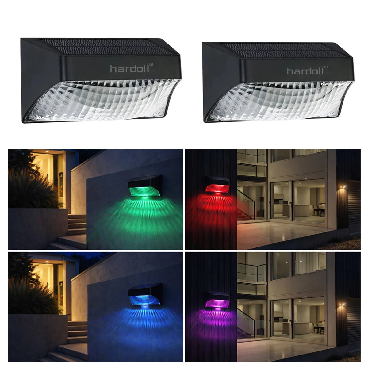 Outdoor wall lights with RGB color-changing capabilities, brand 'hardoll' visible.