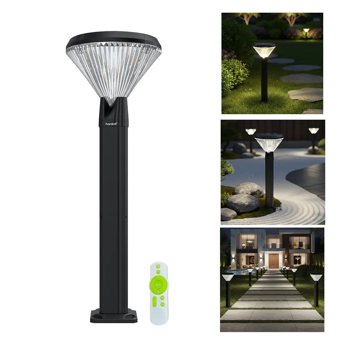 Hardoll Solar Gate & Garden Outdoor Lights for Home 8800mAh Battery, IP65 Waterproof, 64 LEDs, 3 Color Modes (Warm/Cool/Neutral), Remote Controlled, Round Shaped Pillar Lamps With Poles