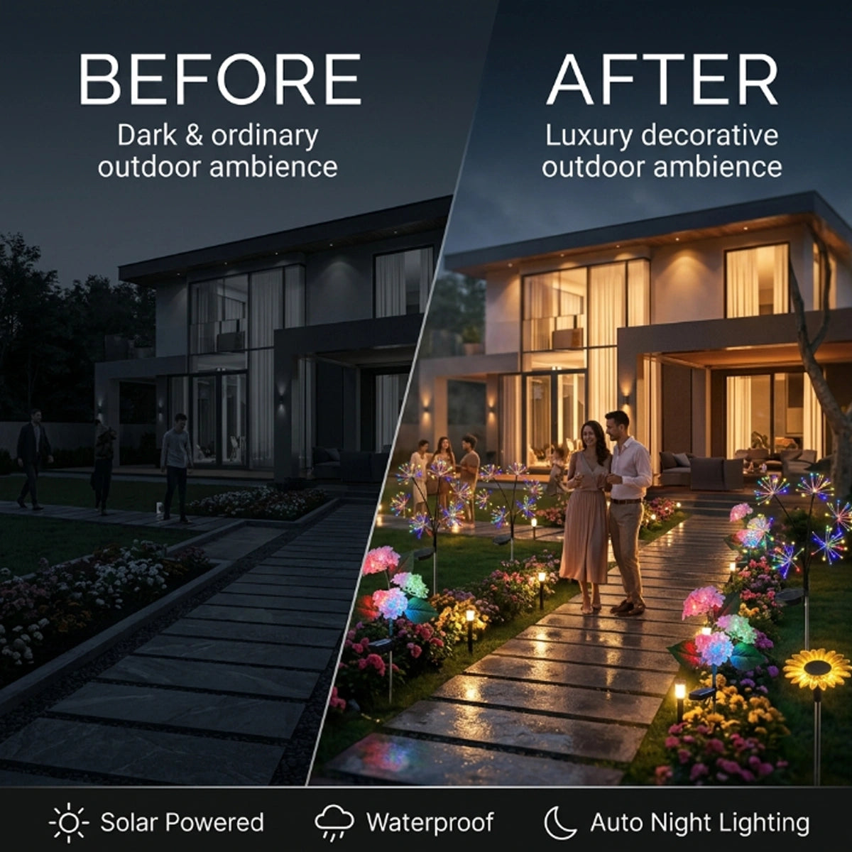 Before and after comparison of a modern house exterior with decorative lighting and people enjoying a meal.